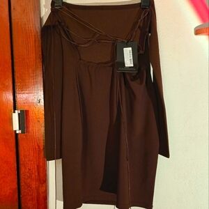 Brown lace up open back mini dress with detached sleeves